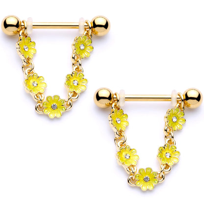 9/16 Clear Gem Gold Tone Yellow Glow Flower Nipple Ring Set