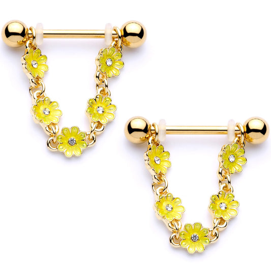 9/16 Clear Gem Gold Tone Yellow Glow Flower Nipple Ring Set