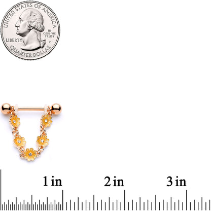 9/16 Clear Gem Rose Gold Tone Orange Glow Flower Nipple Ring Set