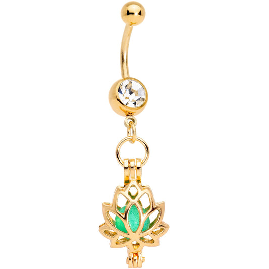 Clear Gem Gold Tone Glow in the Dark Lotus Flower Dangle Belly Ring