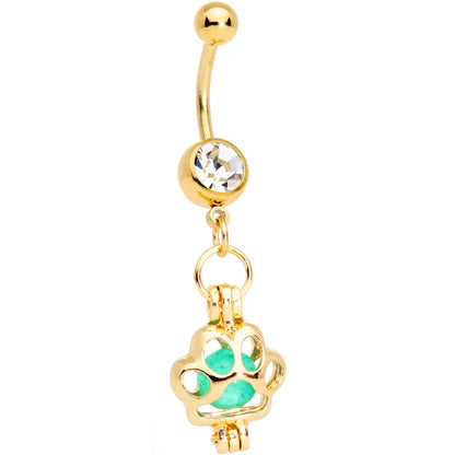 Clear Gem Gold Tone Glow in the Dark Paw Print Dangle Belly Ring