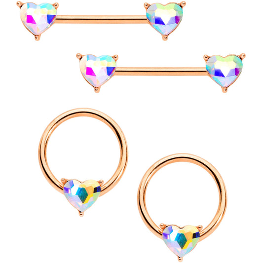 14G Aurora Gem Rose Gold Tone Heart BCR Barbell Nipple Ring Set