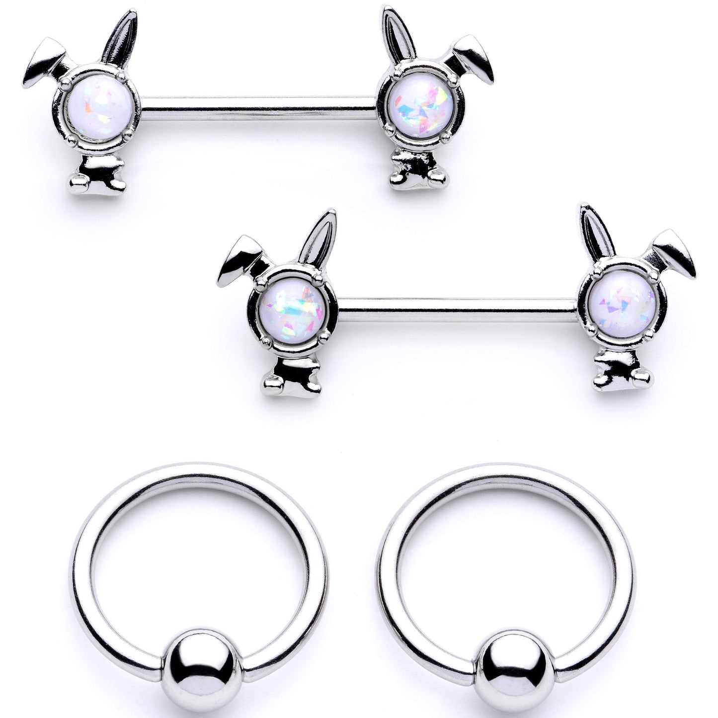 14G 9/16 1/2 White Faux Opal Bunny BCR Barbell Nipple Ring Set