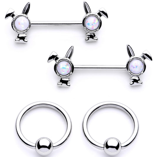 14G 9/16 1/2 White Faux Opal Bunny BCR Barbell Nipple Ring Set