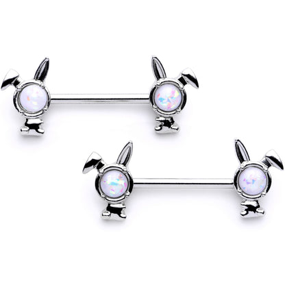 14G 9/16 1/2 White Faux Opal Bunny BCR Barbell Nipple Ring Set