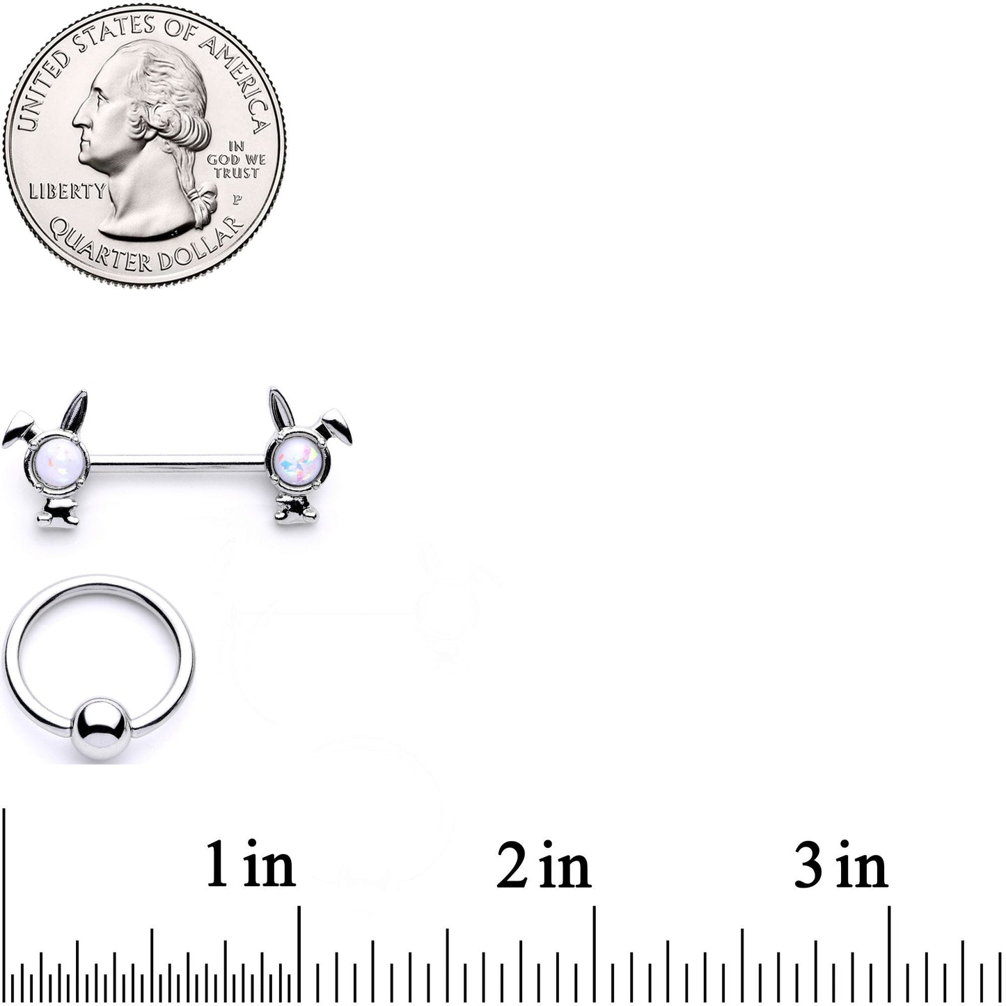 14G 9/16 1/2 White Faux Opal Bunny BCR Barbell Nipple Ring Set