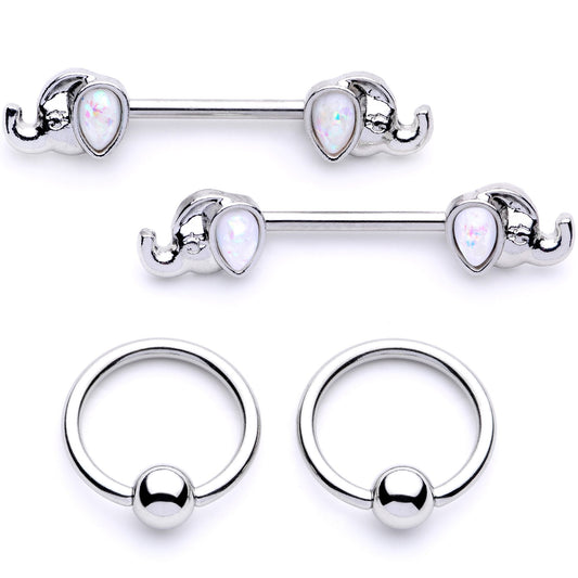 14G White Faux Opal Elephant BCR Barbell Nipple Ring Set of 4