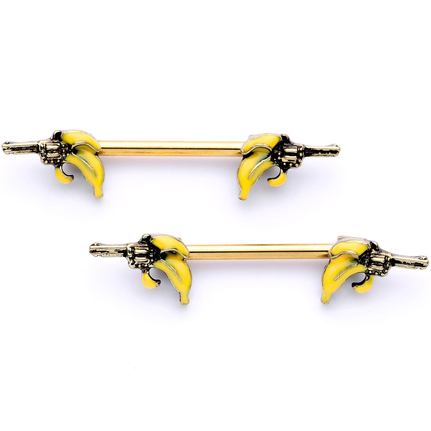 14G 9/16 Gold Tone Banana Peel Gun Barbell Nipple Ring Set