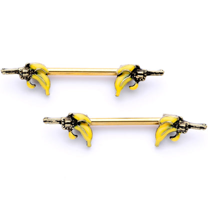 14G 9/16 Gold Tone Banana Peel Gun Barbell Nipple Ring Set