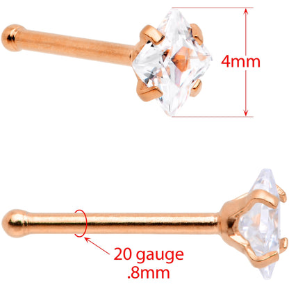 20G 1/4 Clear Square Gem Rose Gold Tone Nose Bone Set of 6