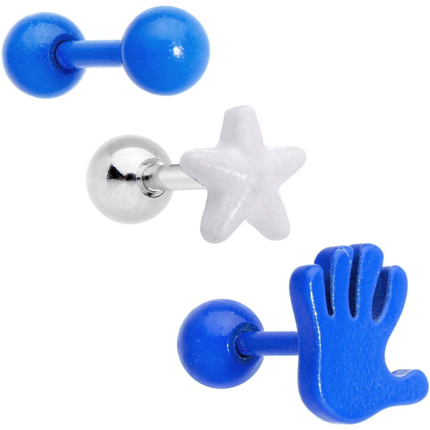 16G 1/4 Blue White Glow Star Hand Cartilage Earring Set of 3