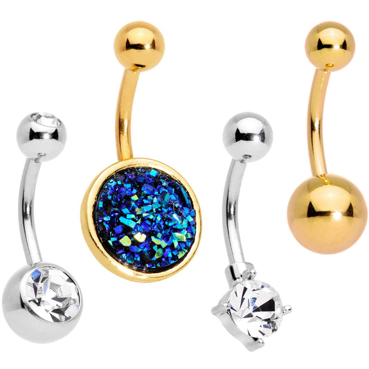 Clear Gem Blue Faux Druzy Gold Tone Belly Ring Set of 4