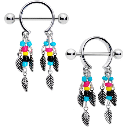 14G 9/16 Multicolor Bead Feather Dangle Nipple Shield Set