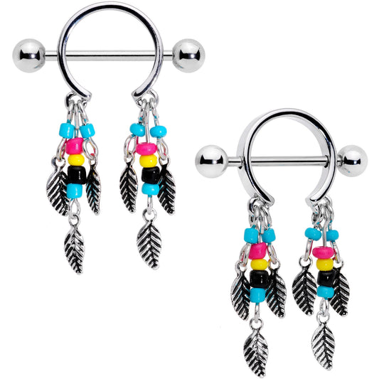 14G 9/16 Multicolor Bead Feather Dangle Nipple Shield Set