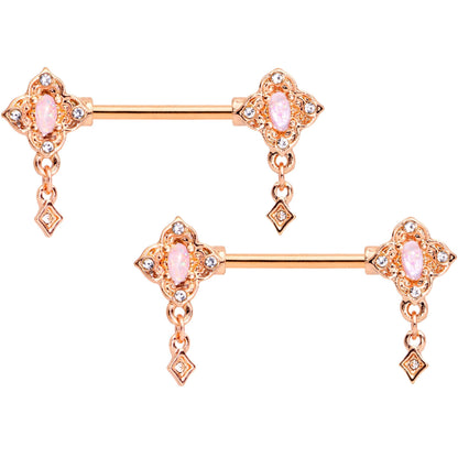 14G Faux Opal Rose Gold Tone Art Deco Barbell Nipple Ring Set
