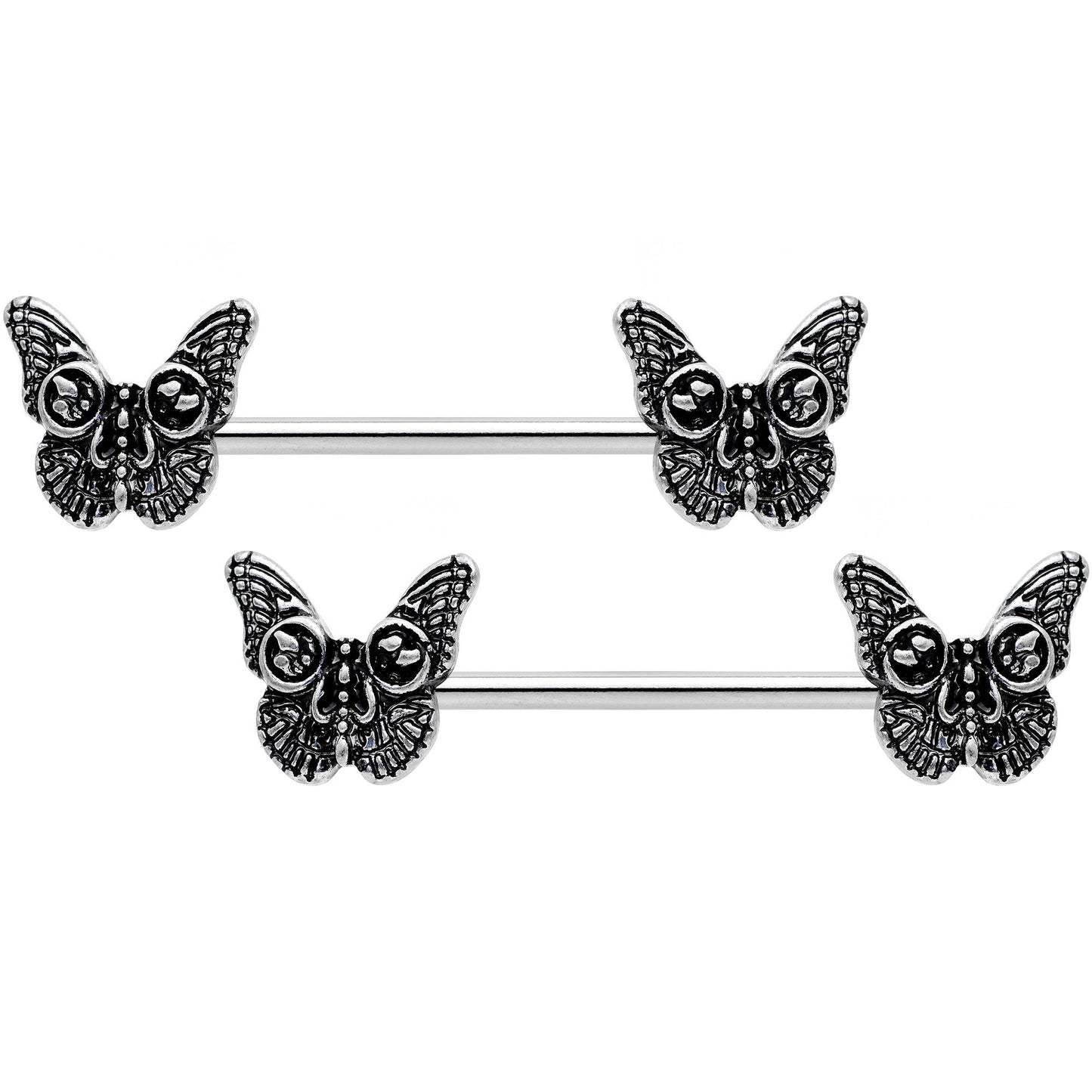 14G 9/16 Death Head Butterfly Barbell Nipple Ring Set