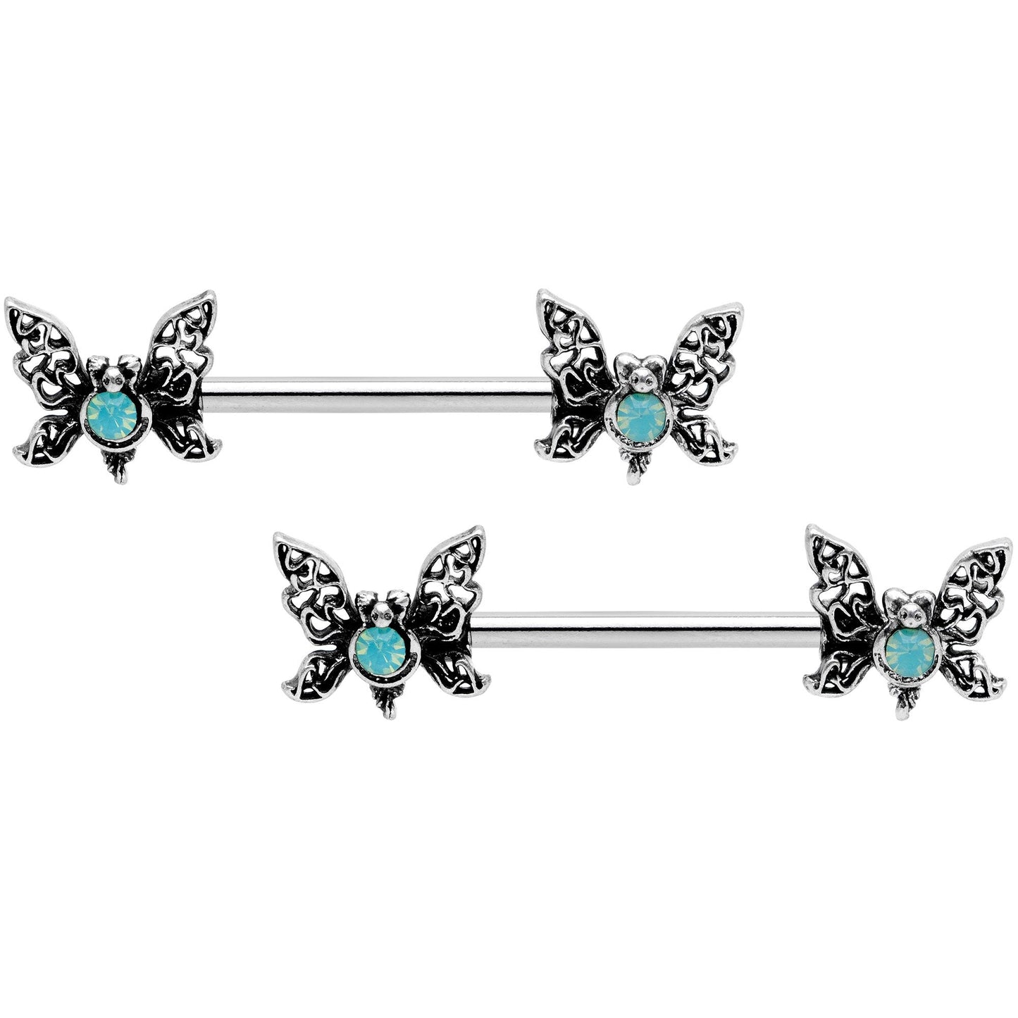 14G 9/16 Green Faux Opal Lacy Butterfly Barbell Nipple Ring Set