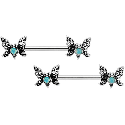 14G 9/16 Green Faux Opal Lacy Butterfly Barbell Nipple Ring Set