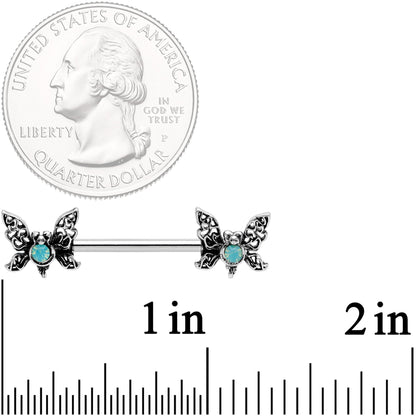 14G 9/16 Green Faux Opal Lacy Butterfly Barbell Nipple Ring Set