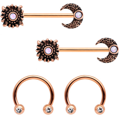 14G White Faux Opal Rose Gold Tone Sun Moon Nipple Ring Set of 4