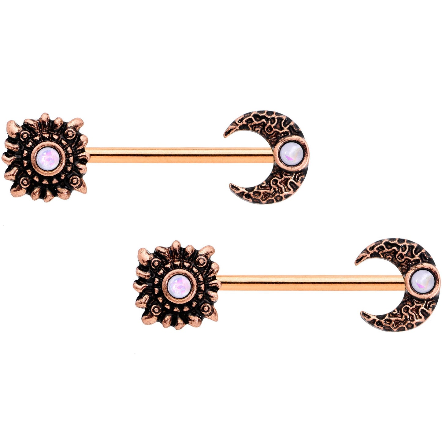 14G White Faux Opal Rose Gold Tone Sun Moon Nipple Ring Set of 4