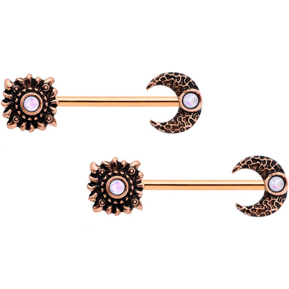 14G White Faux Opal Rose Gold Tone Sun Moon Nipple Ring Set of 4