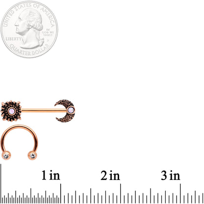 14G White Faux Opal Rose Gold Tone Sun Moon Nipple Ring Set of 4