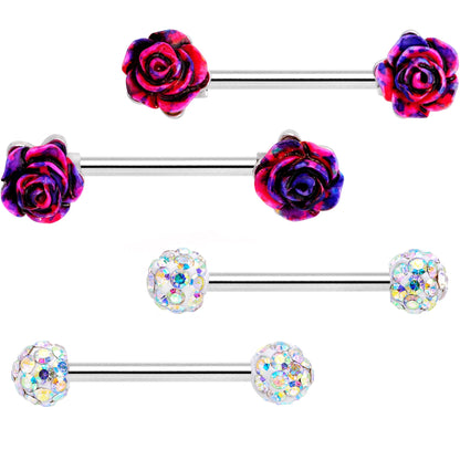 14G 5/8 9/16 Clear Gem Multi Color Roses Barbell Nipple Ring Set