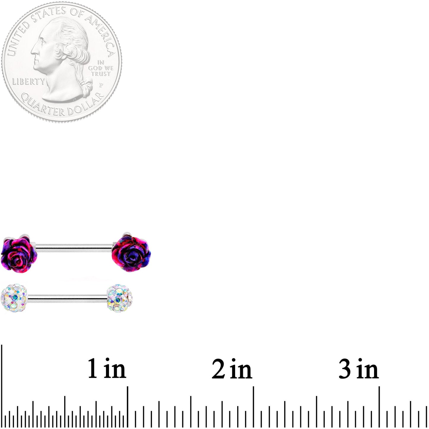 14G 5/8 9/16 Clear Gem Multi Color Roses Barbell Nipple Ring Set