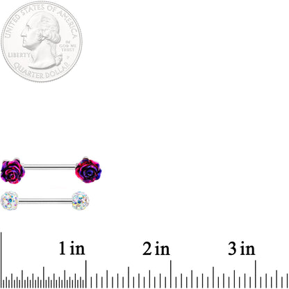 14G 5/8 9/16 Clear Gem Multi Color Roses Barbell Nipple Ring Set