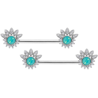 14G Clear CZ Gem Green Faux Opal Crest Barbell Nipple Ring Set