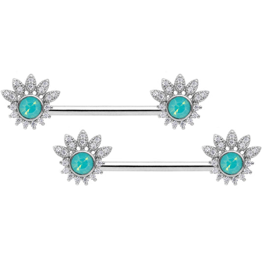 14G Clear CZ Gem Green Faux Opal Crest Barbell Nipple Ring Set