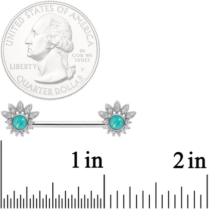 14G Clear CZ Gem Green Faux Opal Crest Barbell Nipple Ring Set