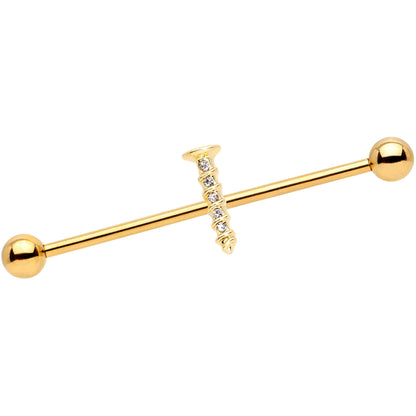 14G Clear Gem Gold Tone Screw Industrial Barbell 38mm