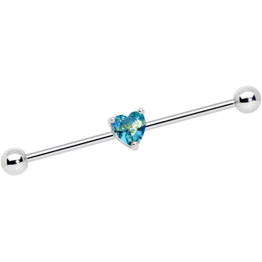 14G Blue Green Gem Faceted Heart Industrial Barbell 38mm