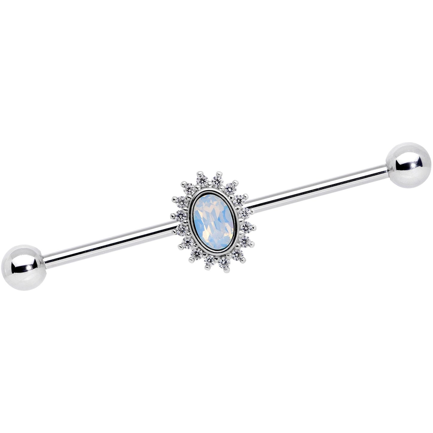 14G Clear CZ Gem White Faux Opal Framed Industrial Barbell 38mm