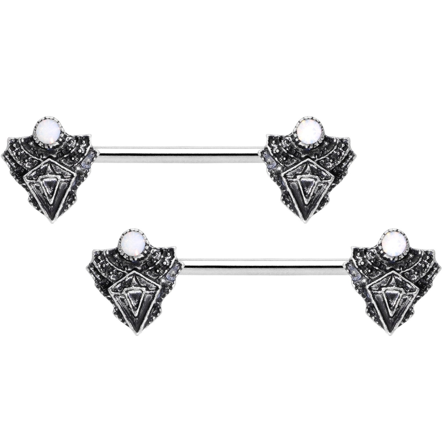 14G 9/16 White Faux Opal Retro Triangle Barbell Nipple Ring Set