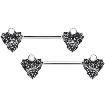 14G 9/16 White Faux Opal Retro Triangle Barbell Nipple Ring Set