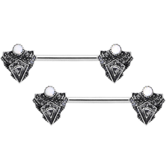 14G 9/16 White Faux Opal Retro Triangle Barbell Nipple Ring Set