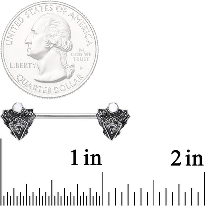 14G 9/16 White Faux Opal Retro Triangle Barbell Nipple Ring Set