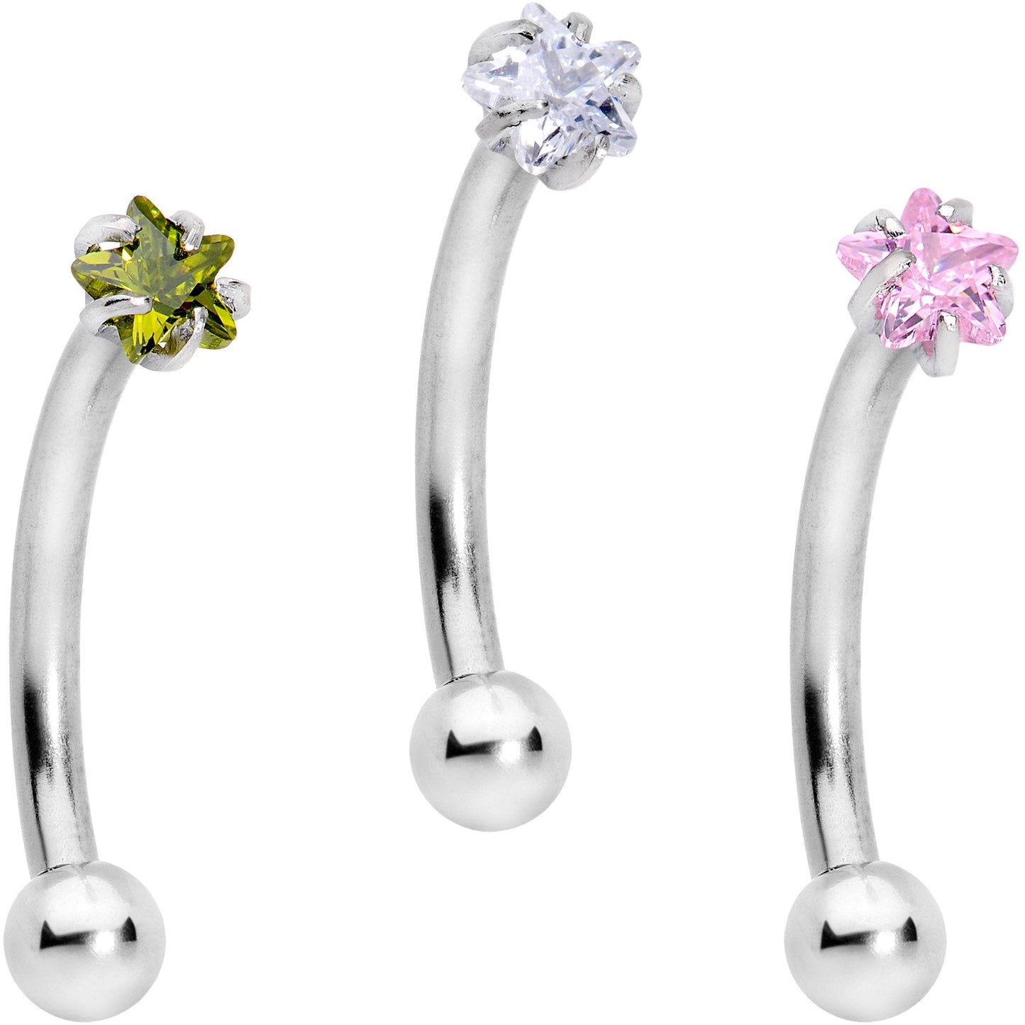 16G 3/8 Spring Colors CZ Gem Star Curved Eyebrow Ring Set of 3