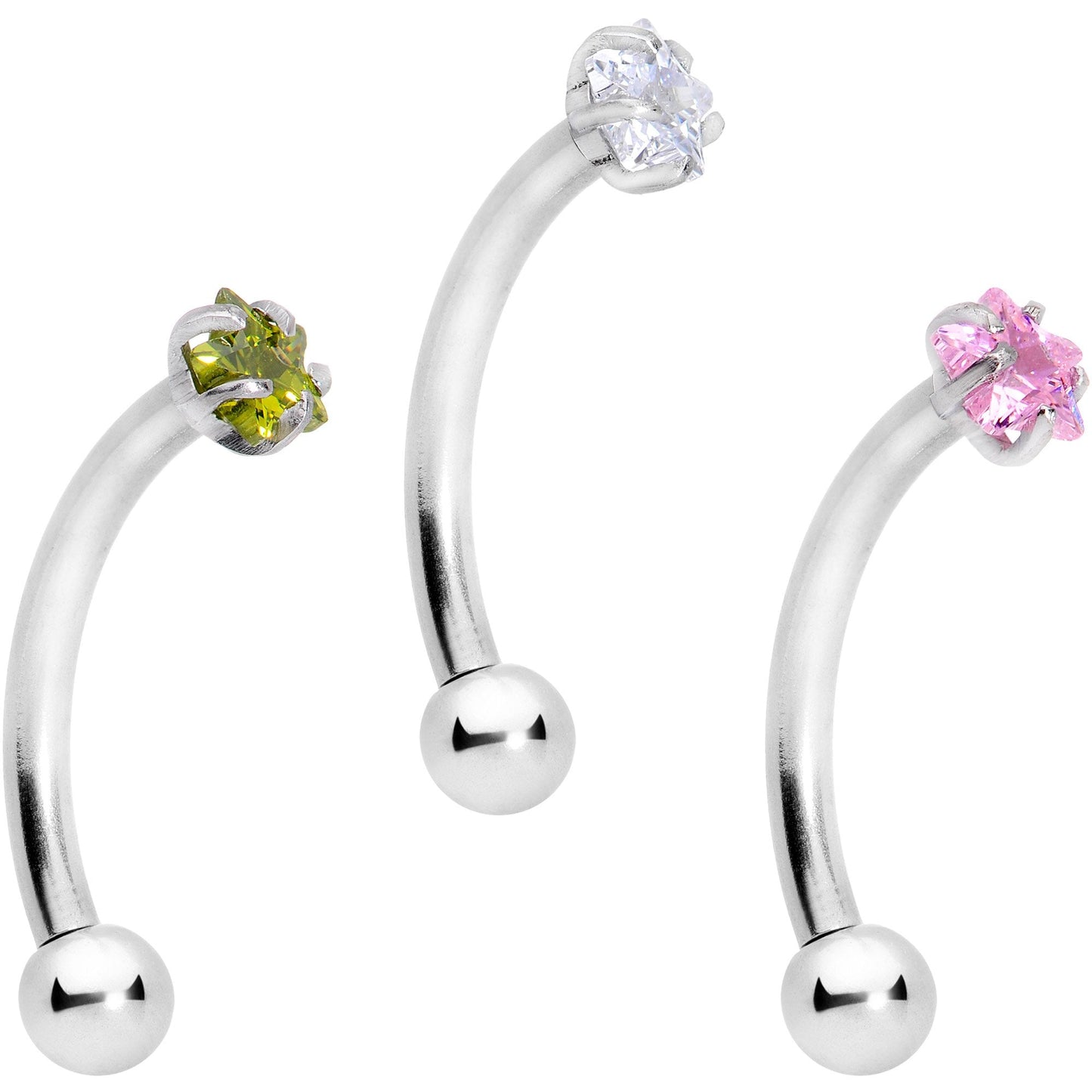 16G 3/8 Spring Colors CZ Gem Star Curved Eyebrow Ring Set of 3