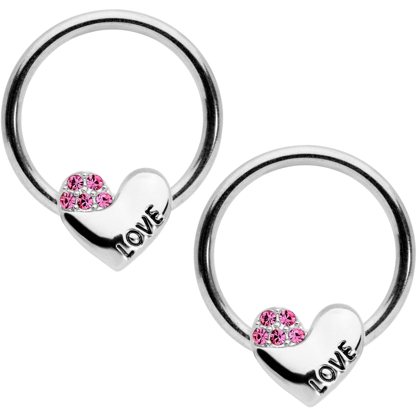 14G 1/2 Pink Gem Love Heart BCR Captive Nipple Ring Set