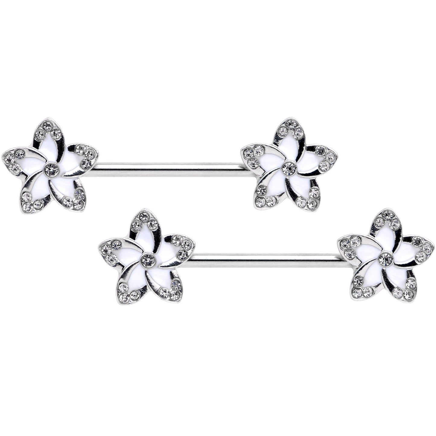 14G Clear Gem White Flower Horseshoe Barbell Nipple Ring Set of 4