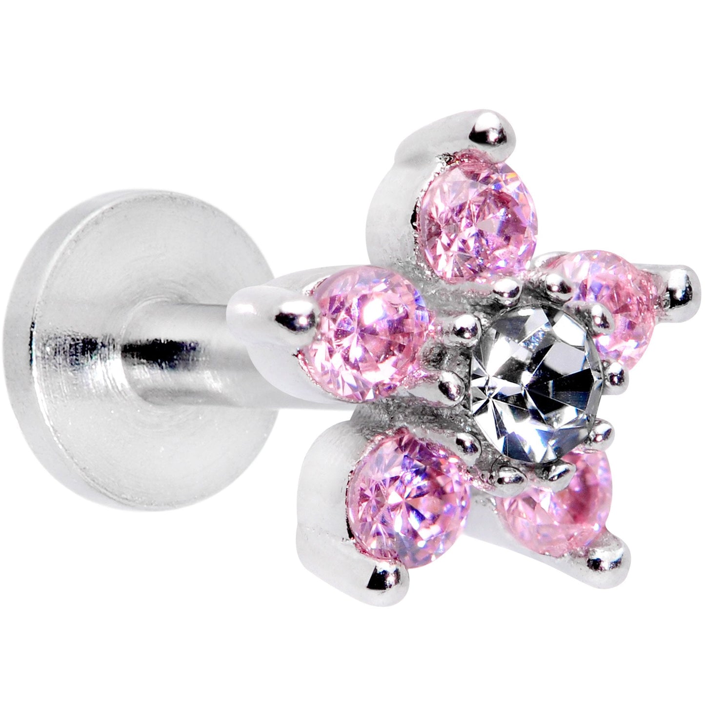 16G 1/4 Clear Pink CZ Gem Star Internally Threaded Labret Tragus