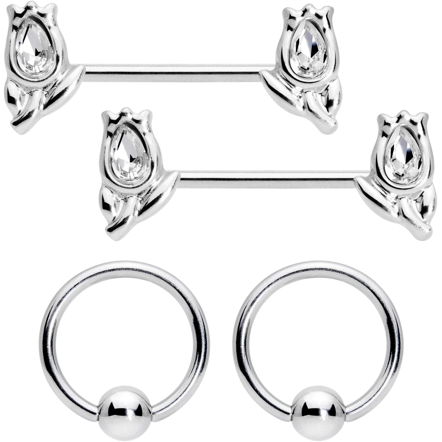 14G 7/16 1/2 Clear Gem Flowers BCR Barbell Nipple Ring Set of 4