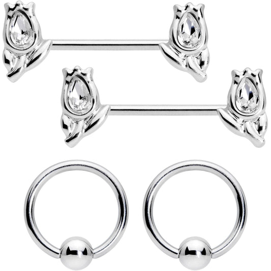 14G 7/16 1/2 Clear Gem Flowers BCR Barbell Nipple Ring Set of 4