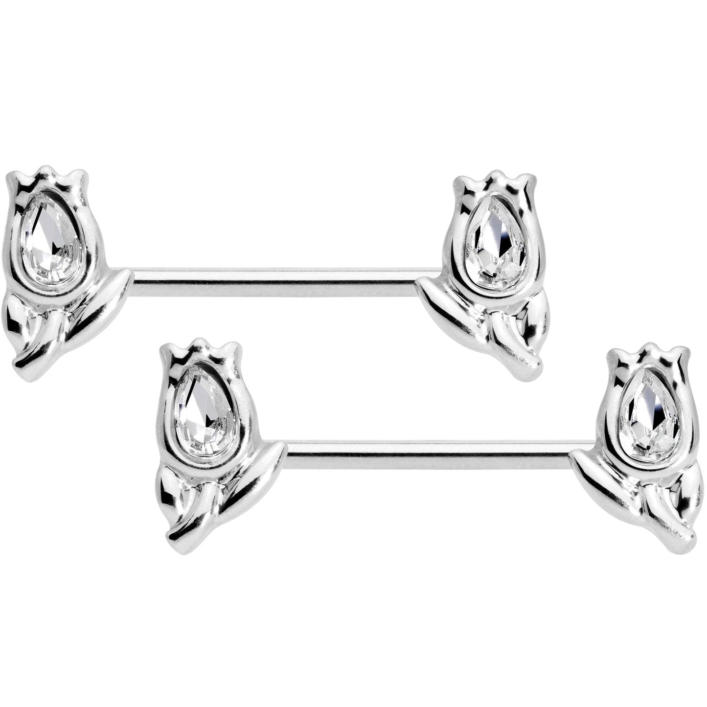 14G 7/16 1/2 Clear Gem Flowers BCR Barbell Nipple Ring Set of 4