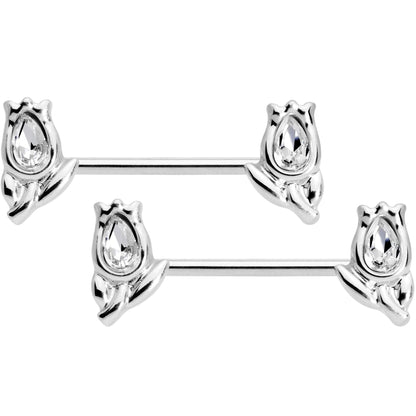 14G 7/16 1/2 Clear Gem Flowers BCR Barbell Nipple Ring Set of 4