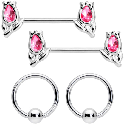 14G 7/16 1/2 Pink Gem Flowers BCR Barbell Nipple Ring Set of 4